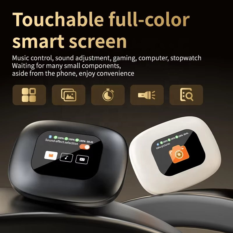 Full-colour touchscreen charging case feature illustration