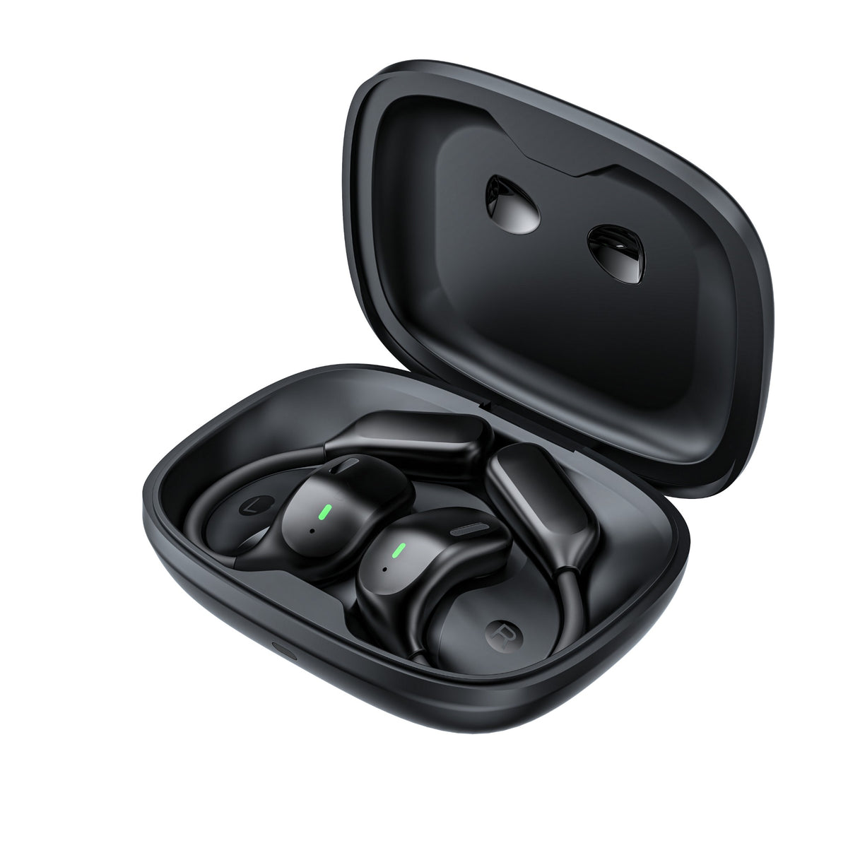 Black open-ear wireless earphones in their charging case