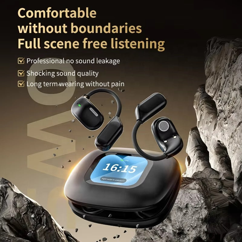 Open-ear earphones with ear hooks and screen charging case