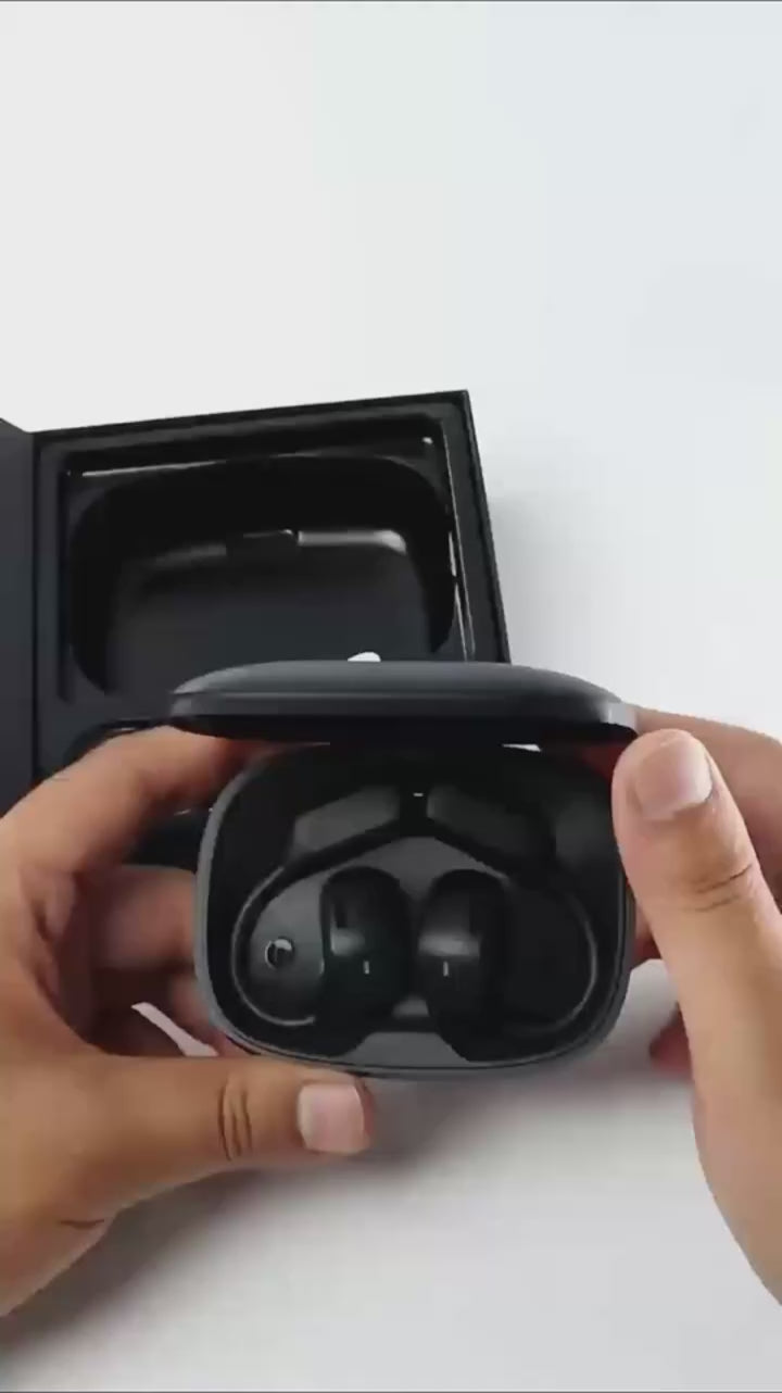 Demonstration of open-ear earphones and touchscreen charging case